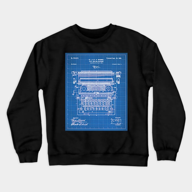 Typewriter Patent - Writer Editor Book Shop Decor Art - Blueprint Crewneck Sweatshirt by patentpress